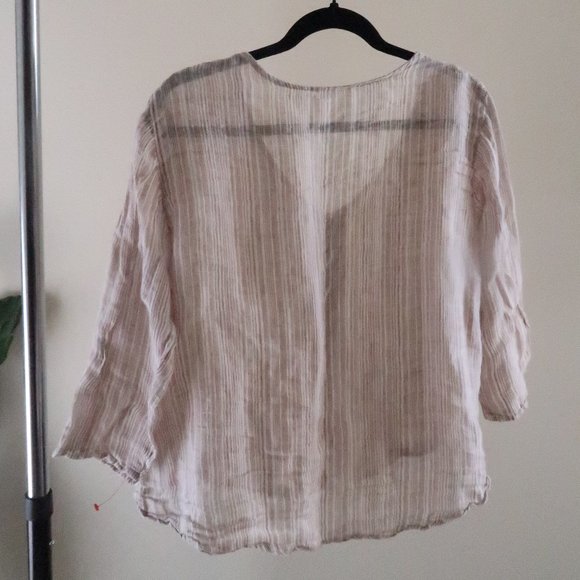 Color Me Cotton Striped Linen Button Top Tan - Picture 3 of 3